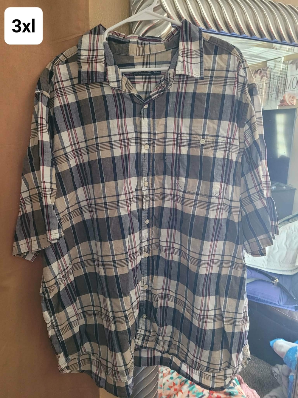 Casual Men's Plaid Short-Sleeve Button-Down Shirt - Beige & Navy - 3XL